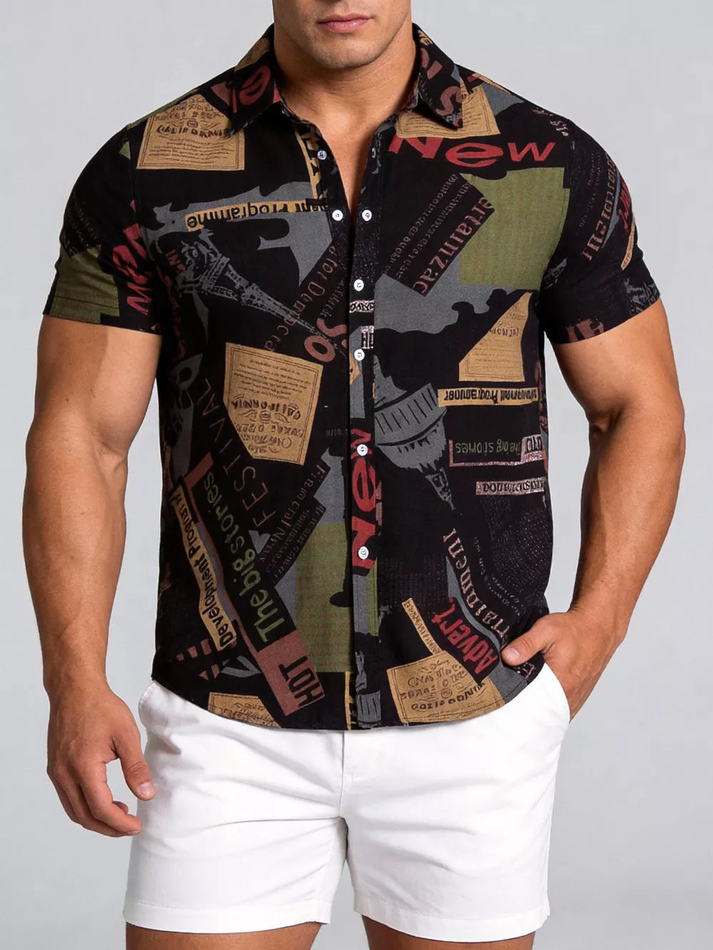 Button-down Graphic Short-sleeve Top in Camel, side view