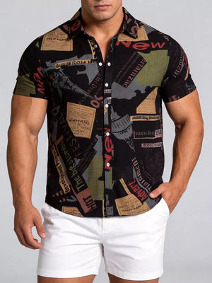 Button-down Graphic Short-sleeve Top in Camel, side view