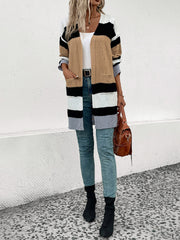 Textured stripe open-front cardigan in camel, black, white, and gray acrylic with pockets.
