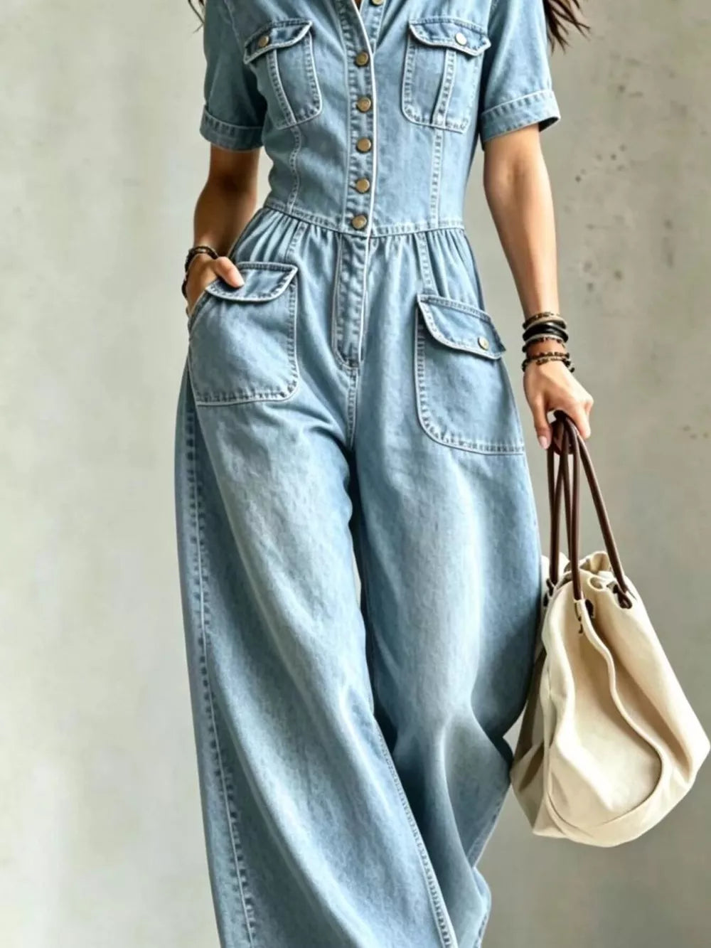 Denim Wide-leg Jumpsuit With Chest Pockets in Black, side view