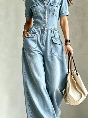 Denim Wide-leg Jumpsuit With Chest Pockets in Black, side view