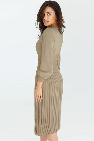 Belted midi dress in Khaki knit with long balloon sleeves and pleated skirt.