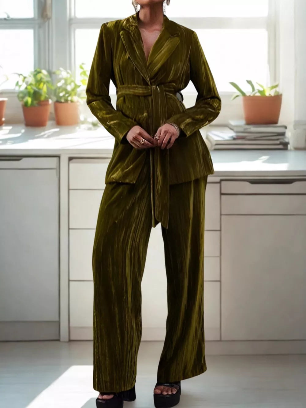 Army green velvet belted blazer and wide-leg trousers ensemble