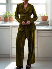 Army green velvet belted blazer and wide-leg trousers ensemble