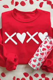 Red crewneck sweatshirt with white XOXO graphic and hearts.