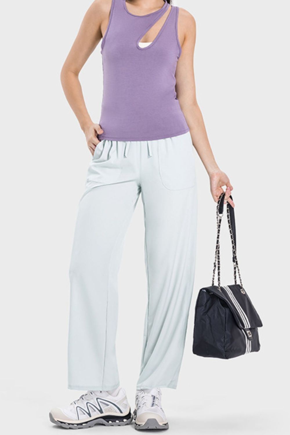Relaxed drape drawstring palazzo pants in Dusty Blue with pockets.