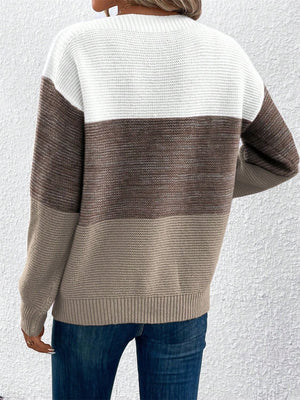 Colorblock boatneck knit sweater in white, brown, and taupe acrylic.