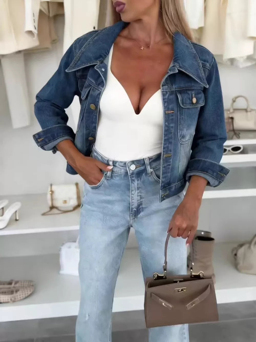 Full Size Chic Cropped Denim Jacket in Light Blue, back view