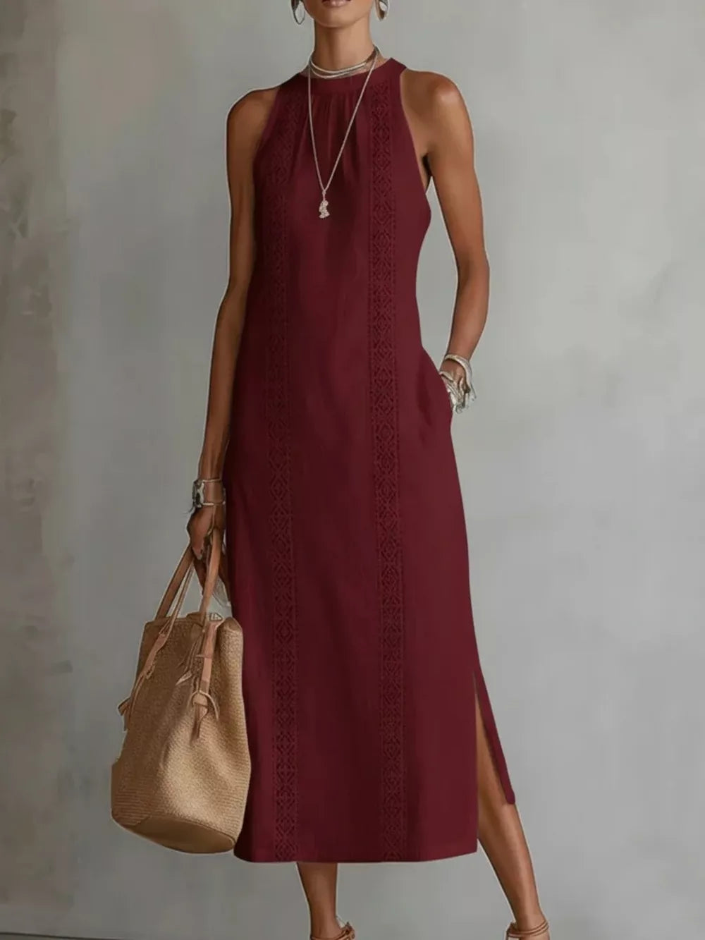 Sleeveless Lace Trim Midi Dress Plus Size, fit detail