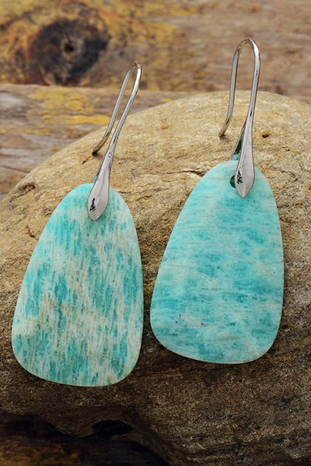 Aqua amazonite teardrop dangle earrings with silver hooks.