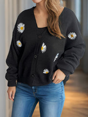 Black oversized knit cardigan with daisy embroidery and buttons
