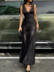 Black lace-trimmed sleeveless maxi gown with a V-neck and cinched waist.