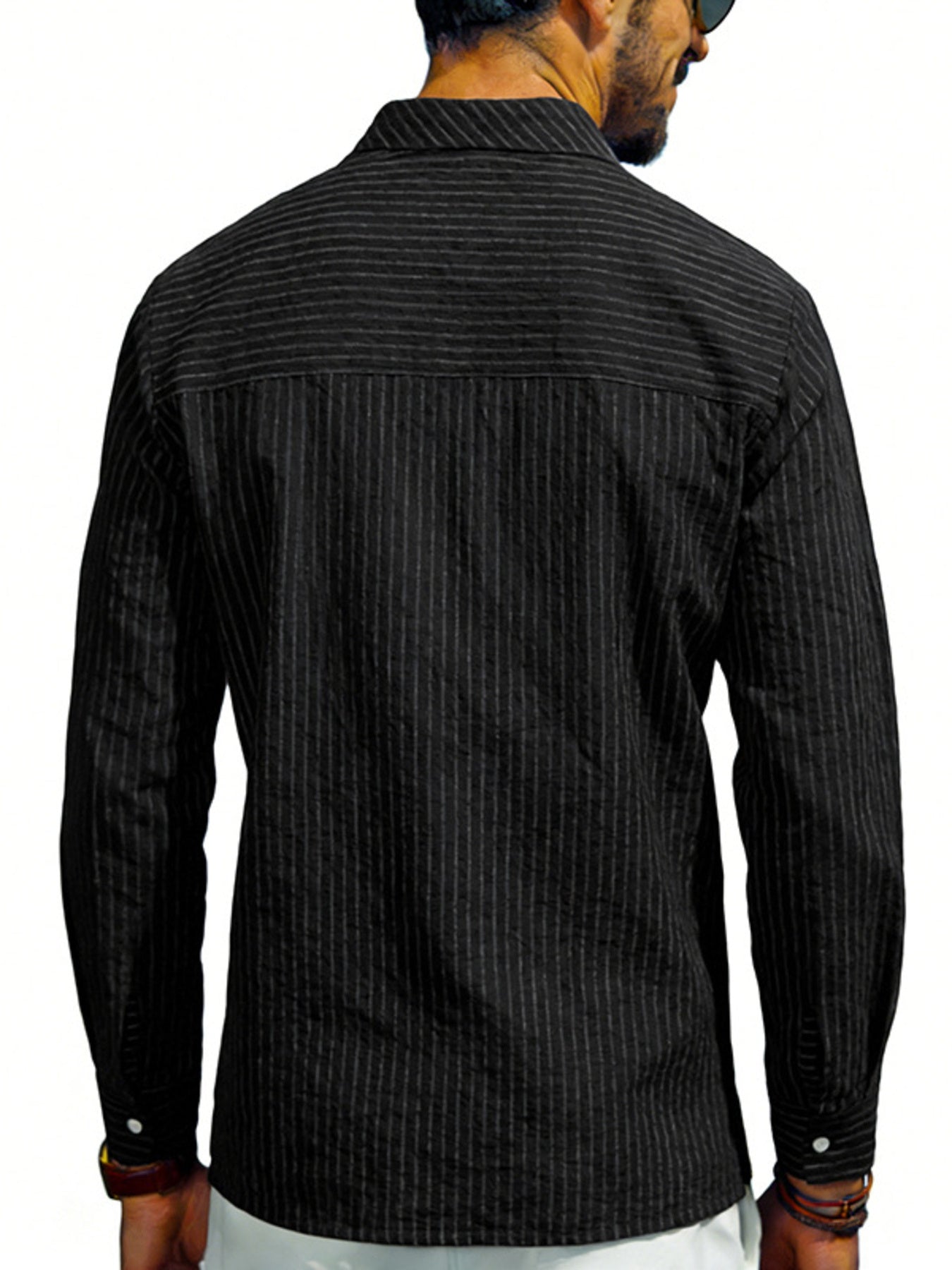 Men's black striped long sleeve cotton blend buttoned shirt.