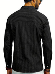 Men's black striped long sleeve cotton blend buttoned shirt.