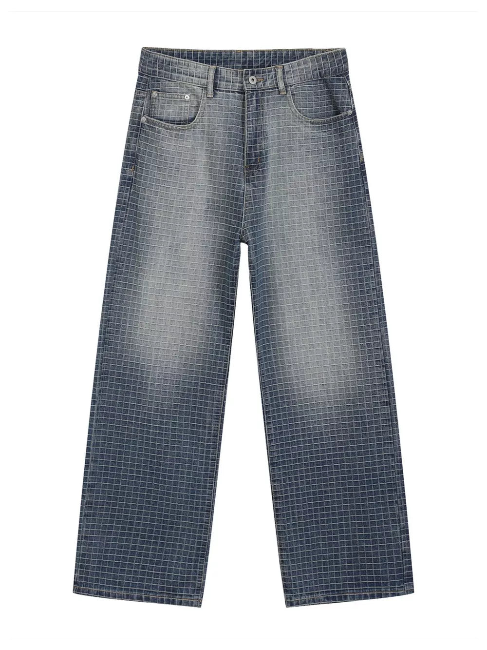 Men's relaxed-fit jeans in blue denim with a subtle grid pattern and button fly.