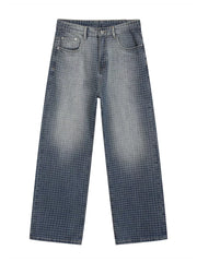 Men's relaxed-fit jeans in blue denim with a subtle grid pattern and button fly.