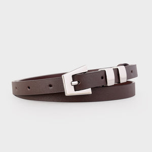 Brown cowhide leather belt with silver square buckle and keeper.