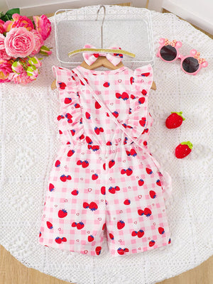 Baby girl strawberry ruffle jumpsuit with matching headband, pink gingham pattern.