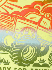 Toddler cotton tee with monster truck and sun graphic in yellow, orange, and green.