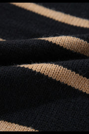 Chunky stripe button-down cardigan in black and beige acrylic knit.