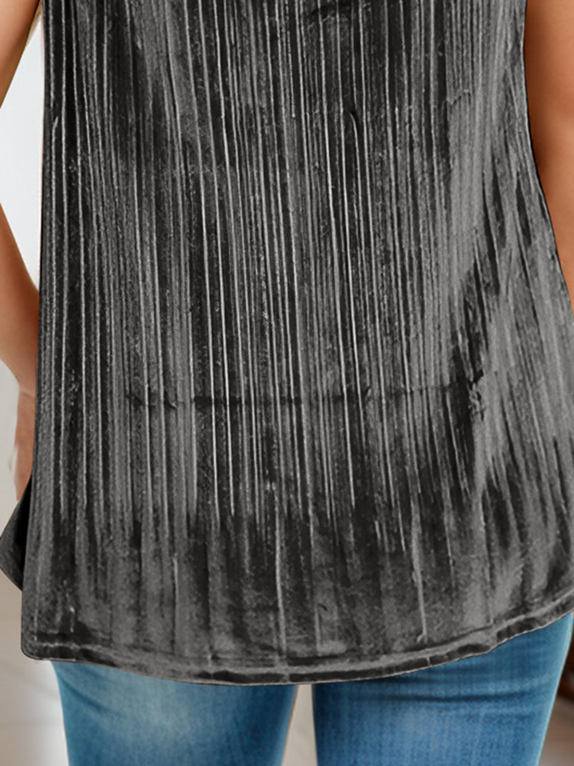 Black velvet cami with vertical pleats and lace trim detail
