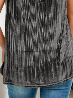 Black velvet cami with vertical pleats and lace trim detail