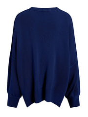 Navy oversized ribbed knit sweater with drop shoulders and crew neck.