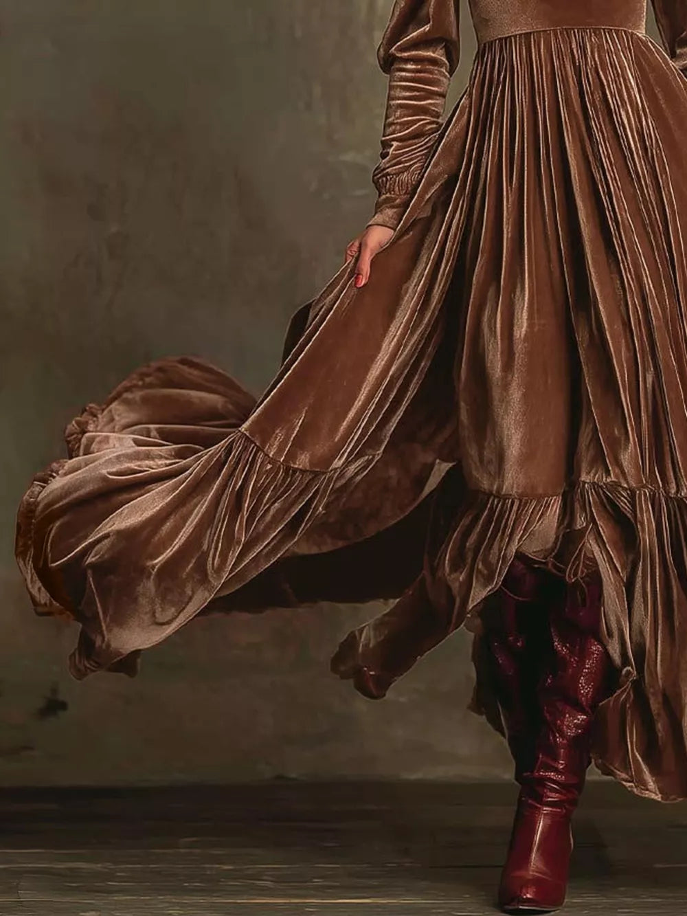 Dark brown velvet maxi dress with voluminous sleeves and ruffled hem.