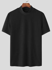 Black textured knit mock neck t-shirt with short sleeves