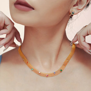 Gold mesh collar necklace with colorful gemstone embellishments