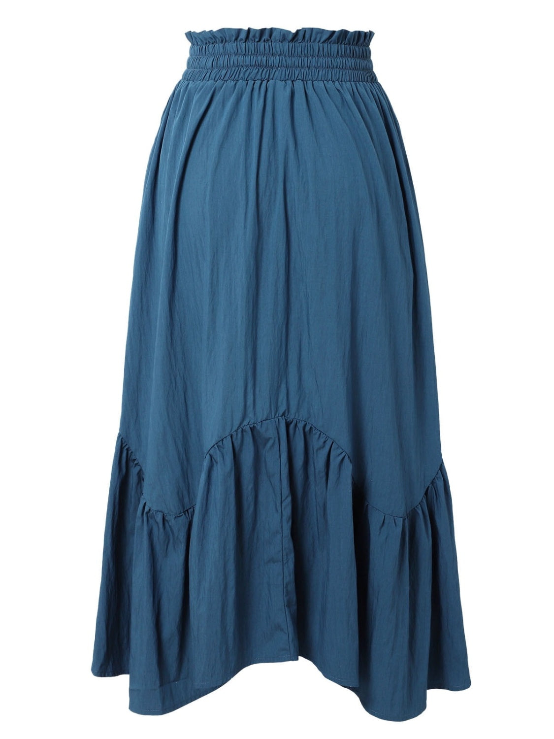 Deep Teal tiered midi skirt with asymmetrical ruffled hem and smocked waist