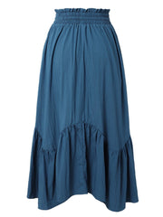 Deep Teal tiered midi skirt with asymmetrical ruffled hem and smocked waist