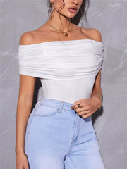 White off-shoulder ruched t-shirt with a draped neckline.