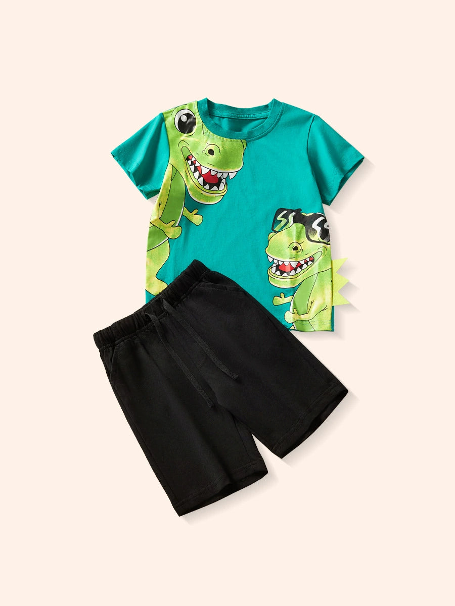 Toddler boys' cotton tee and shorts set with colorful dinosaur graphic.