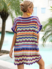 Chevron knit beach cover-up with multicolor stripes and crochet detail.
