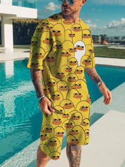 Men's Printed Short Sleeve Tee And Shorts Set, close-up detail