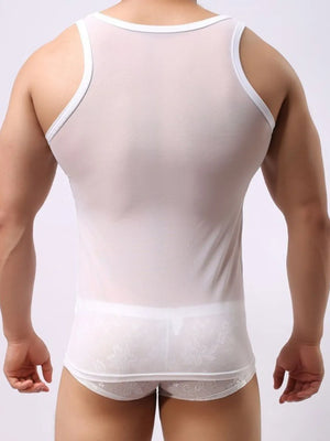 White sheer mesh muscle tank top with white trim, showing back view.