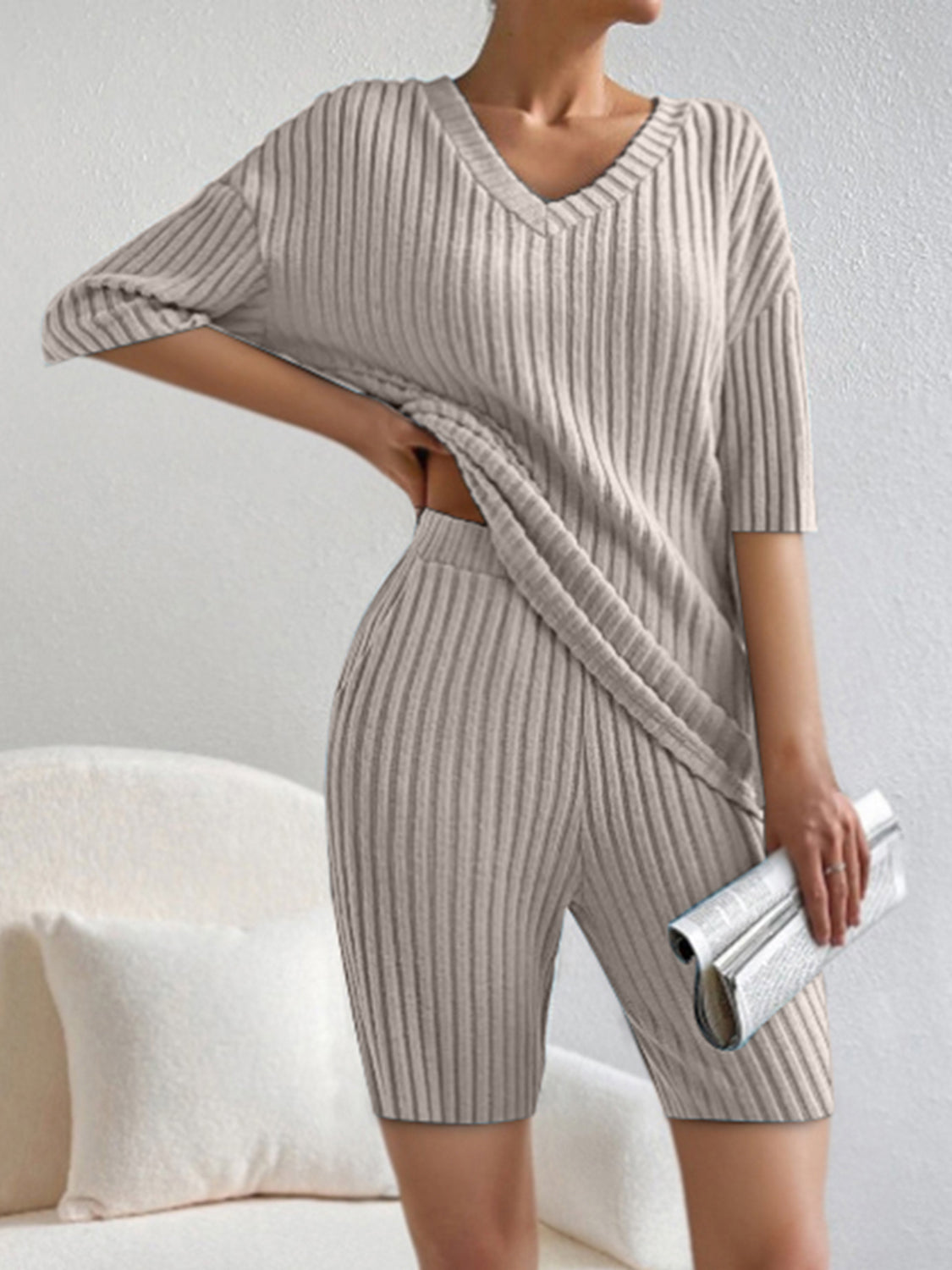 Ribbed V-neck loungewear set in mocha with short sleeves and bike shorts.