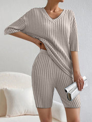 Ribbed V-neck loungewear set in mocha with short sleeves and bike shorts.