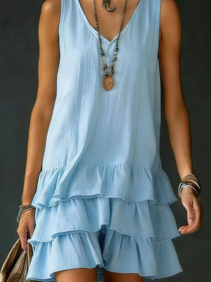 Blue tiered ruffled hem v-neck sleeveless dress with a casual, airy style.