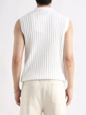 White ribbed knit zip-up tank with collar and sleeveless design.