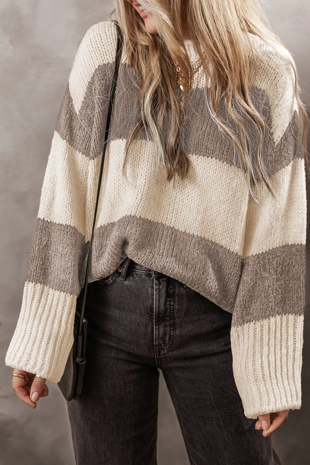 Relaxed fit acrylic blend sweater with bold horizontal stripes in cream and mocha.