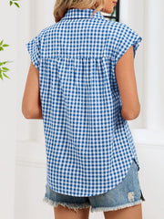 Blue gingham cotton shirt with cap sleeves and button-down front, shown from the back.