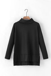 Black drape-front cowl neck tunic with side slits and long sleeves.