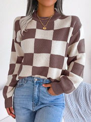 Checkerboard knit mock neck pullover sweater in taupe and cream acrylic.