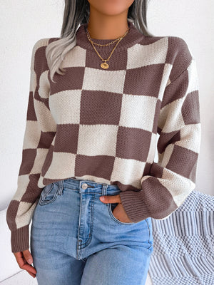 Checkerboard knit mock neck pullover sweater in taupe and cream acrylic.