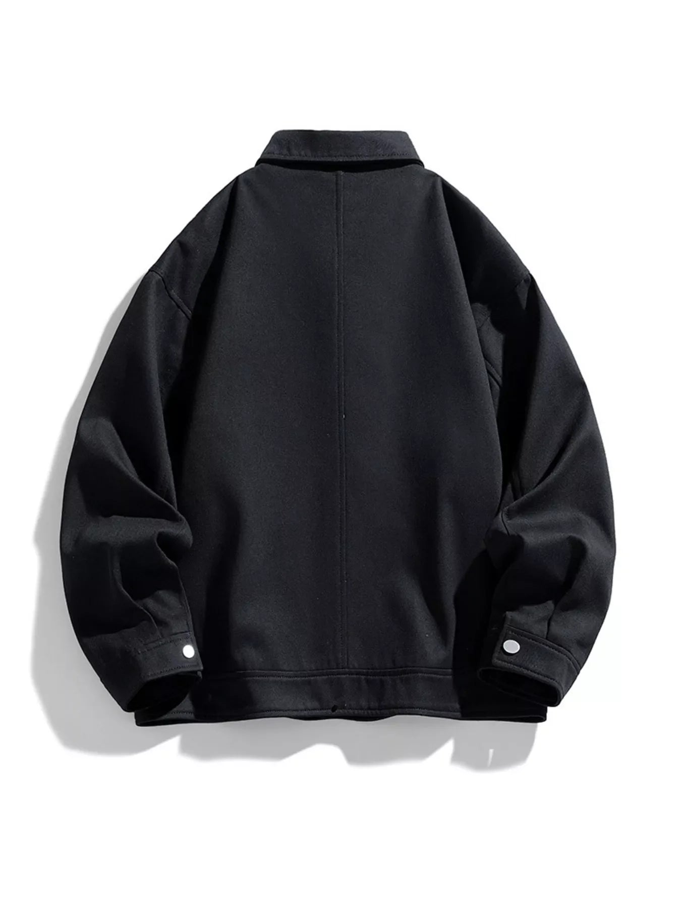Black oversized casual snap jacket with collar and button cuffs