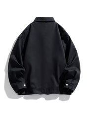 Black oversized casual snap jacket with collar and button cuffs