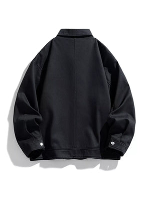 Black oversized casual snap jacket with collar and button cuffs