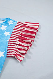 Patriotic t-shirt with blue tie-dye star print and red and white striped ruffle sleeves.